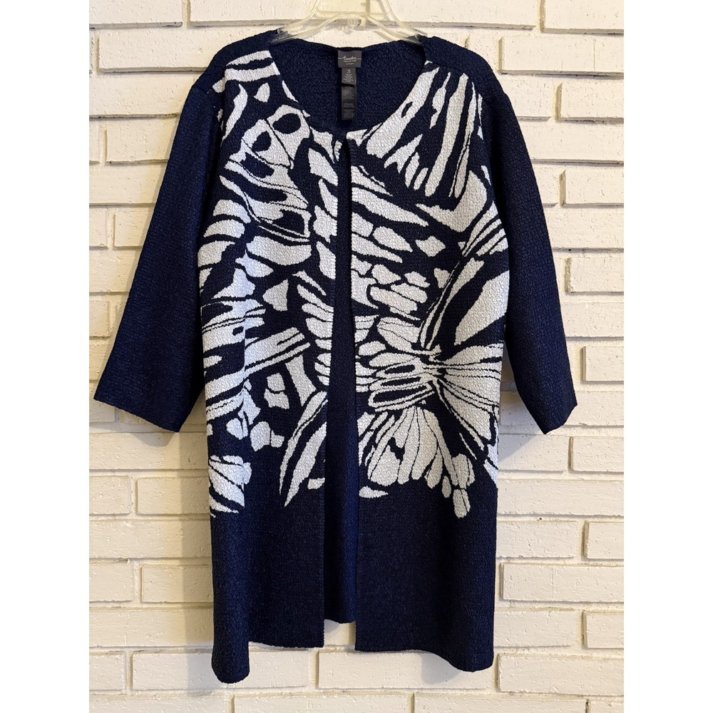 Chicos‎ Travelers 3 Jacket Womens Blue & White Crinkle Fabric Open Front Size XL